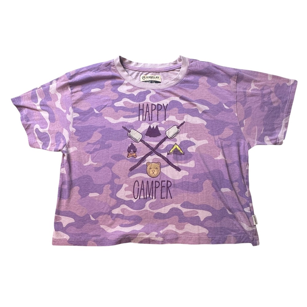 Magellan T-Shirt Womens L Purple Happy Camper Camo Classic Fit Cropped Graphic‎